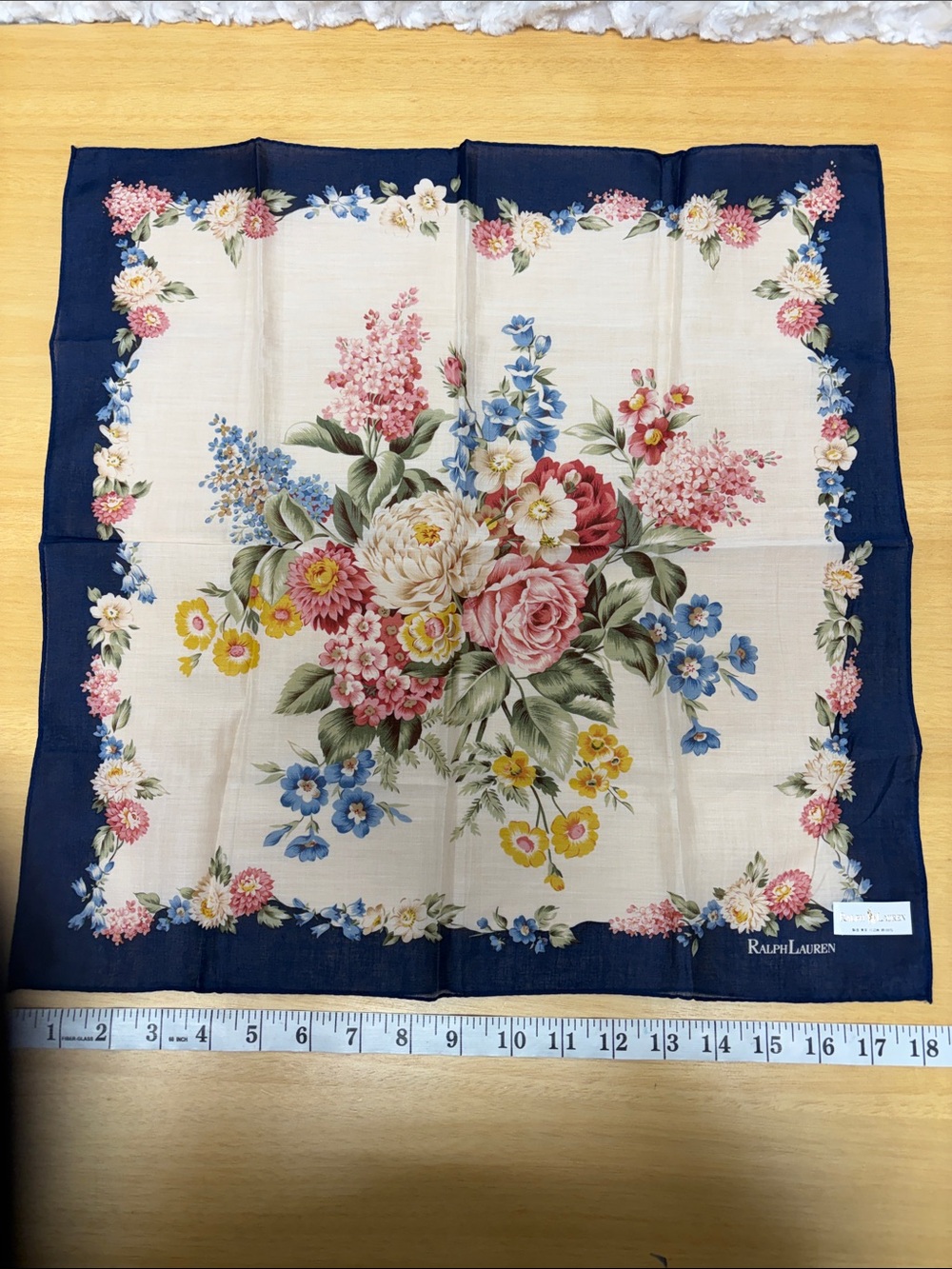Ralph Lauren Navy Floral Cotton Neckerchief handkerchief scarf 18”x18”